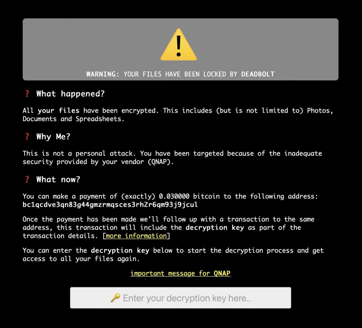 #QNAP naprave cilja nov izsiljevalski virus DeadBolt: cert.si/qnap-deadbolt/ Gre za priljubljene omrežne shrambe (NAS), v 🇸🇮 jih je prosto dostopnih >600. /via <a href="/BleepinComputer/">BleepingComputer</a>