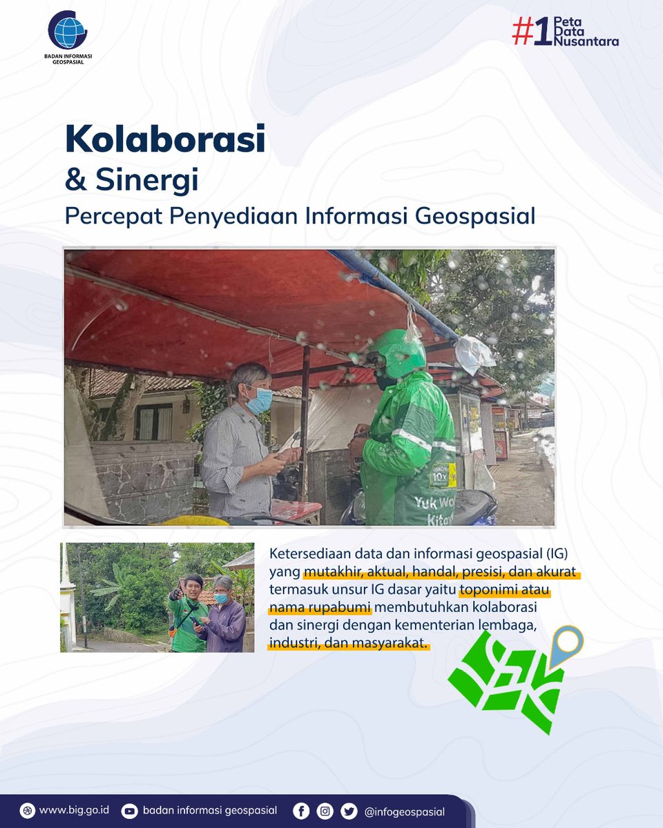 InfoGeospasial's tweet image. Sebagai pilot project kerja sama dengan industri ini. BIG dengan PT Grab Teknologi Indonesia melaksanakan pengumpulan data point of interest (POI) nama rupabumi di tiga daerah di Jawa Barat. 

#ParticipatoryMapping
#POI #1Peta1Data1Nusantara