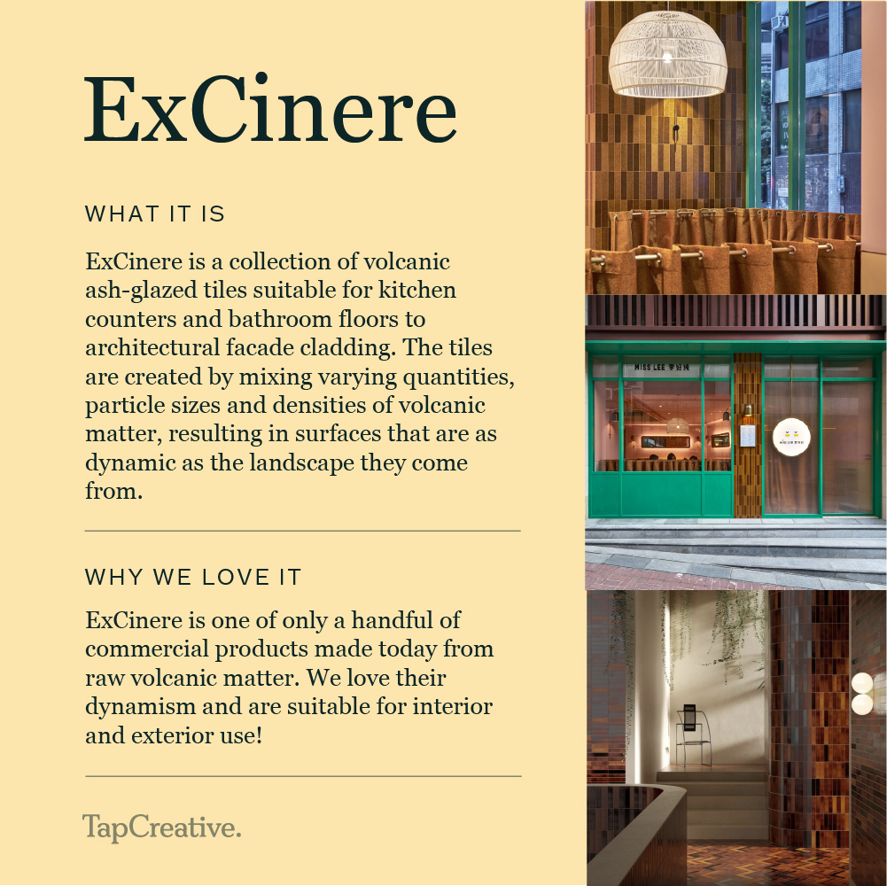 _TapCreative's tweet image. We have a very unique material lined up for this months #MaterialsMatter ! Introducing ExCinere, a collection of gorgeous tiles made from volcanic ash 🌋 We love to see a creative and unique approach to sustainable materials! Learn more about ExCinere below.

#environmentdesign