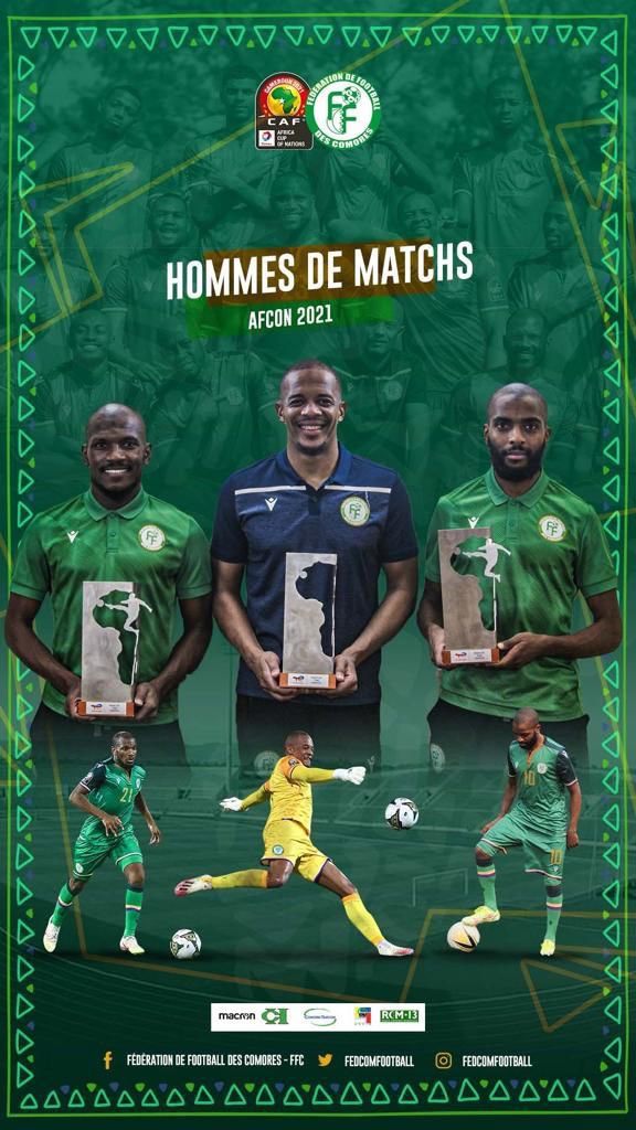 fedcomfootball's tweet photo. Bilan de la CAN 21 pour les coelacanthes : une belle victoire contre le Ghana avec 3 buts marqués, une qualification en 1/8e de finale, un splendide but contre le Cameroun, un gardien d’un soir héroïque… et 3 trophées d’homme du match ! #comores 🇰🇲 #TeamComoros #CAN2021 https://t.co/S7AQQi8cIh