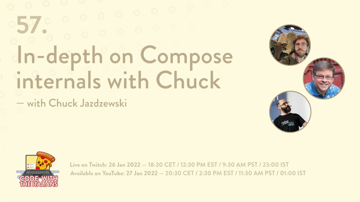 codewiththeita's tweet image. TODAY IS COMPOSE INTERNAL DAY!! 🎊

Questions for @chuckjaz are already coming in! Add your here app.sli.do/event/qnpZPhHx…

Join us on cwti.link/twitch at 18:30 CET / 12:30 PM EST / 9:30 AM PST / 23:00 IST
#JetpackCompose #AndroidDev #Kotlin
