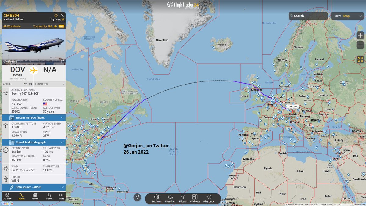 Gerjon_'s tweet photo. .@IntelWalrus previously found this U.S. Transportation Command flight #CMB304 from 🇺🇸Dover AFB in the United States to 🇦🇹Linz in Austria. This flight could be related to weaponry deliveries to 🇺🇦Ukraine: @marcelvandenber proposed Linz might be replacing Frankfurt Hahn.

🇺🇸N919CA https://t.co/IcbebF0qXu