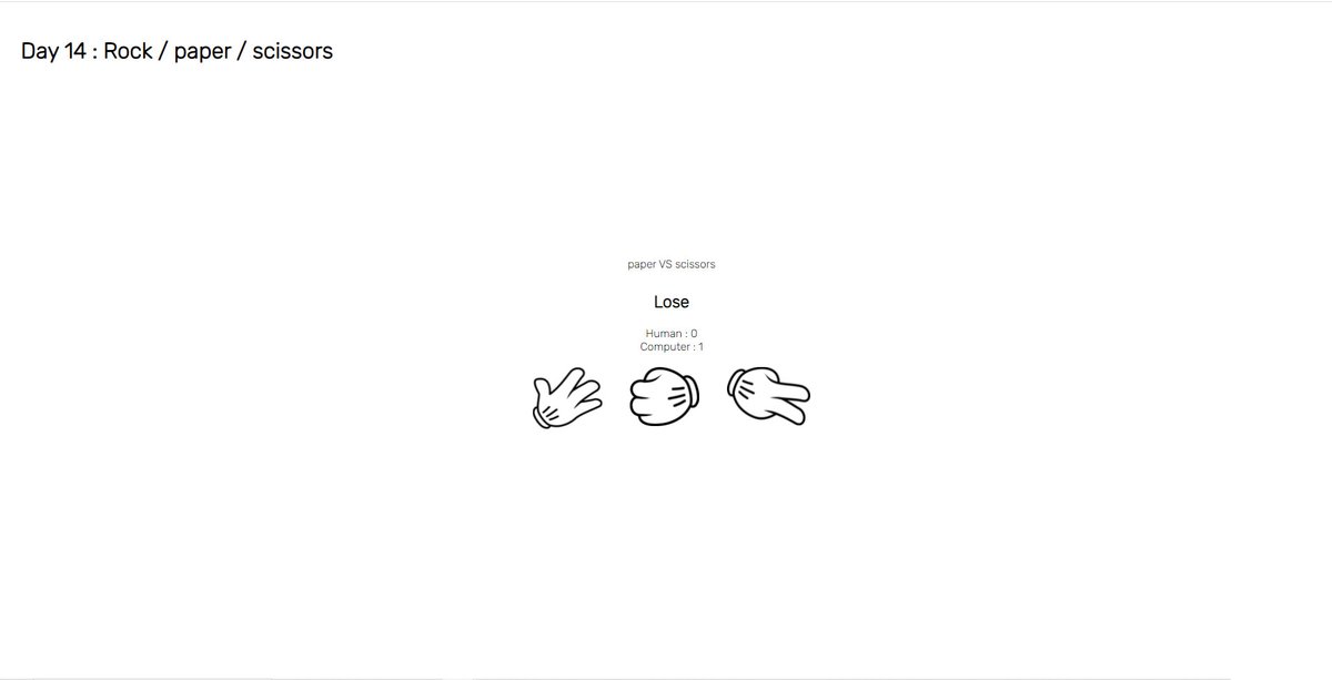 Charlieprod's tweet photo. Day 14 : Rock - paper - scissors. Let's play. https://t.co/7oC4aKO8ul #100DaysOfCode #javascript https://t.co/Ek6Xk0tWLv