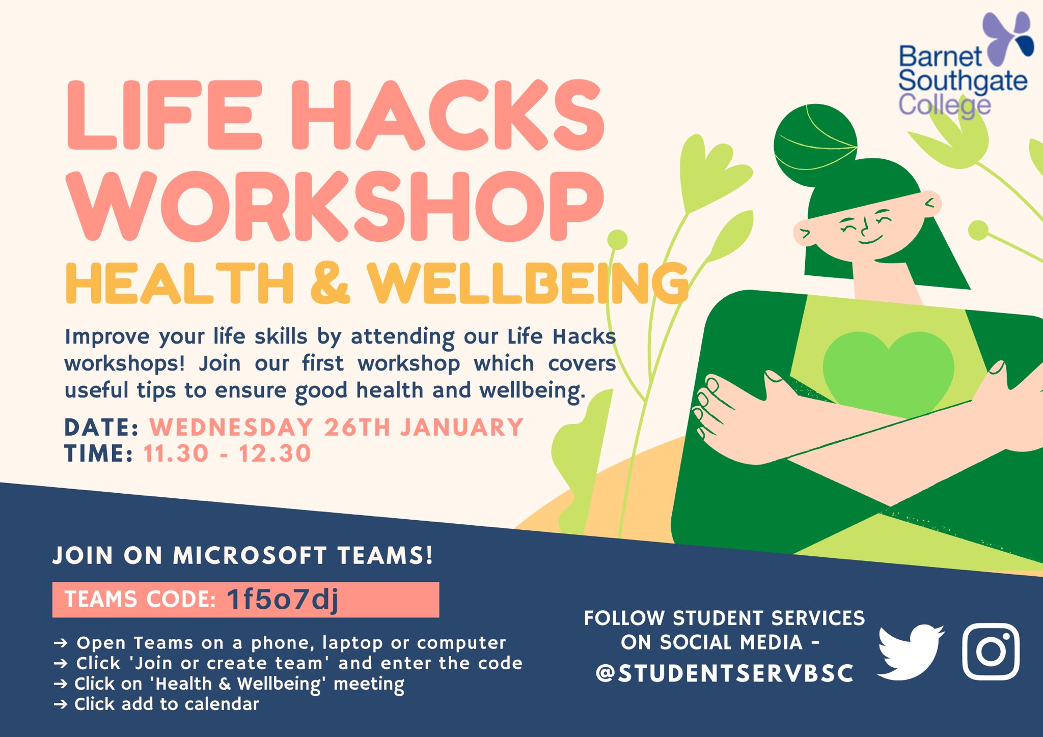Student Services BSC on X: "Our first Life Hacks workshop takes place today  at 11.30 on Teams. This workshop will cover useful tips for maintaining  good health & wellbeing!❤️ Don't miss out!