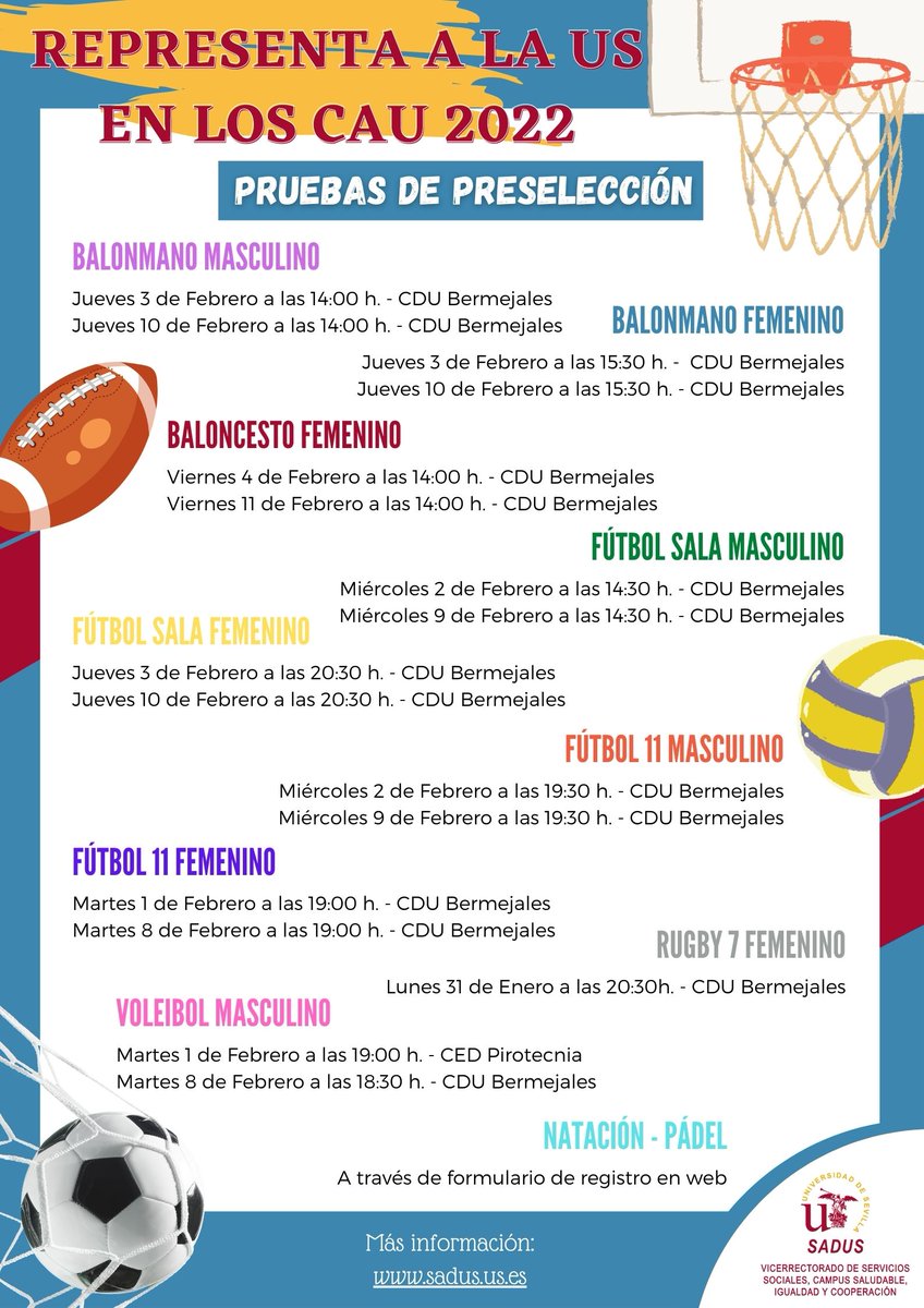 ¡Ya tenemos fechas para las preselecciones de los equipos de la <a href="/unisevilla/">Universidad de Sevilla</a>! Si quieres formar parte de ellos y representar a la US en los #CAU2022, te esperamos las próximas semanas. ¡Abiertas para todos los estudiantes de la US! 👉 ow.ly/YZH750HEc1s