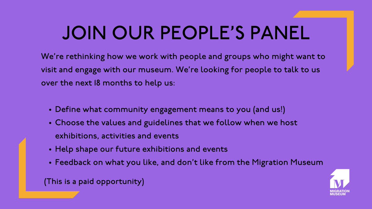 MigrationMuseum's tweet photo. Join our #People’sPanel - We’re rethinking how we work with people and groups who might want to visit and engage with our museum. We’re looking for people to help us with this over the next 18 months. Find out more and apply here: https://t.co/Jp1rTHLFSs #community #network https://t.co/VOWkQaOaE1