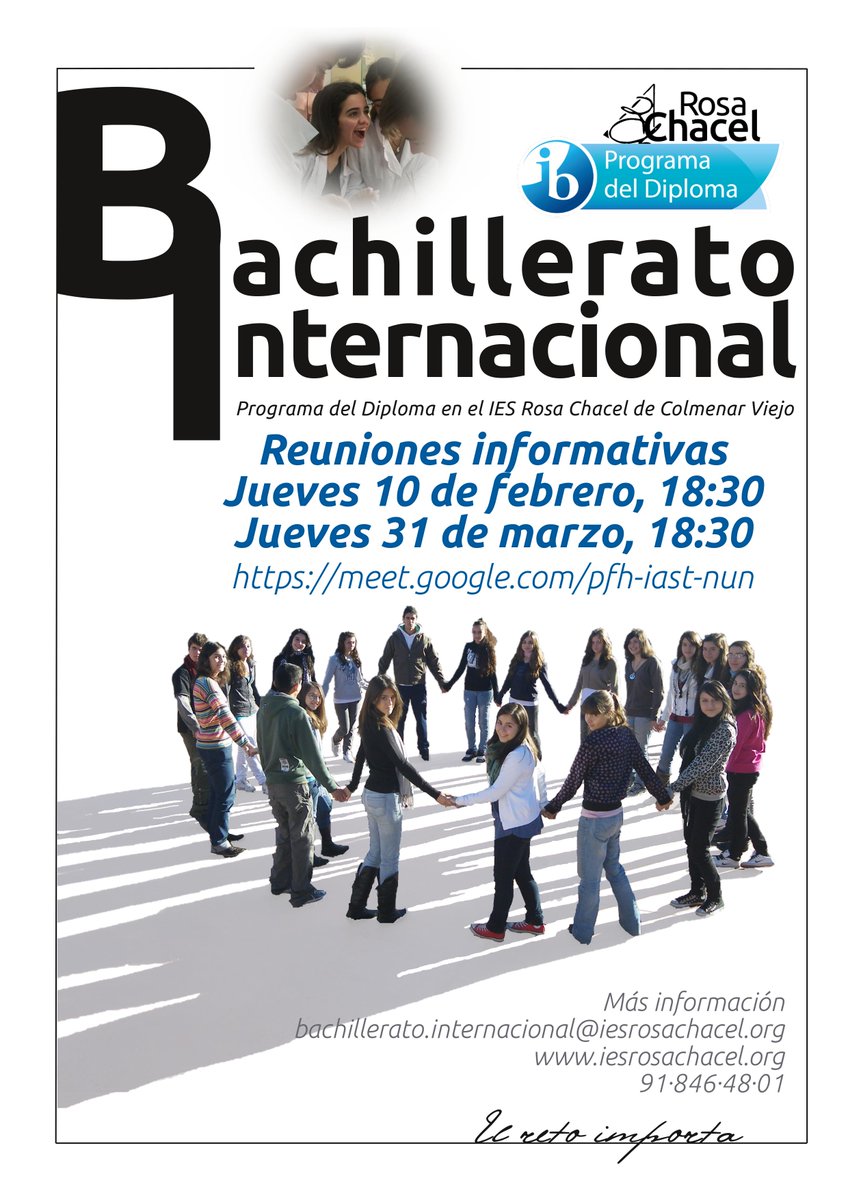 IESRosaChacel's tweet photo. Reunión informativa sobre Programa del Diploma de Bachillerato Internacional jueves 10 de febrero a las 18:30 por videoconferencia en https://t.co/P4CaI7OBrx. Más información en https://t.co/EOpcrMrCqq Formulario de preadmisión abierto en https://t.co/Q1BlntZ9M5 https://t.co/1tRBbOyLqL