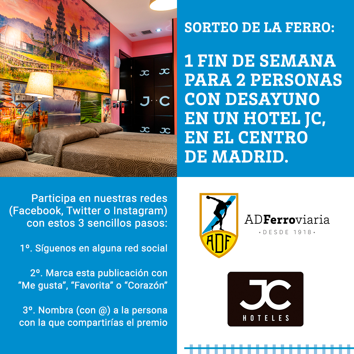 (1/5) La #ADFerroviaria quiere premiar a sus seguidores y aficionados sorteando un fin de semana de #hotel (noches de viernes y sábado) para dos personas, en habitación doble y con desayuno incluido, en el centro de #Madrid 🥳

Sigue leyendo para participar ⬇️