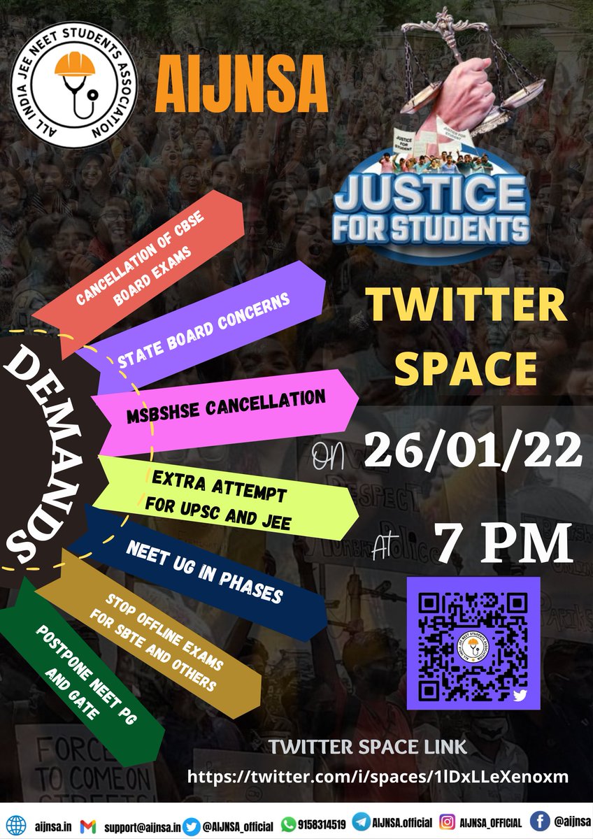 srishtii_05's tweet photo. We demand-

◆ #cancelboardexam2022

◆  #SBTE_Bihar online/open book &amp; #stopofflineexams

◆  #postponeneetpg22&amp; #gate2022postpone

◆  Extra Attempt for all including #UPSC, #JEE, #neetug2022
United we stand!
Join us Today at 7PM https://t.co/D4pJaVdoc5

#JusticeForStudents https://t.co/fWYHJNmkBO