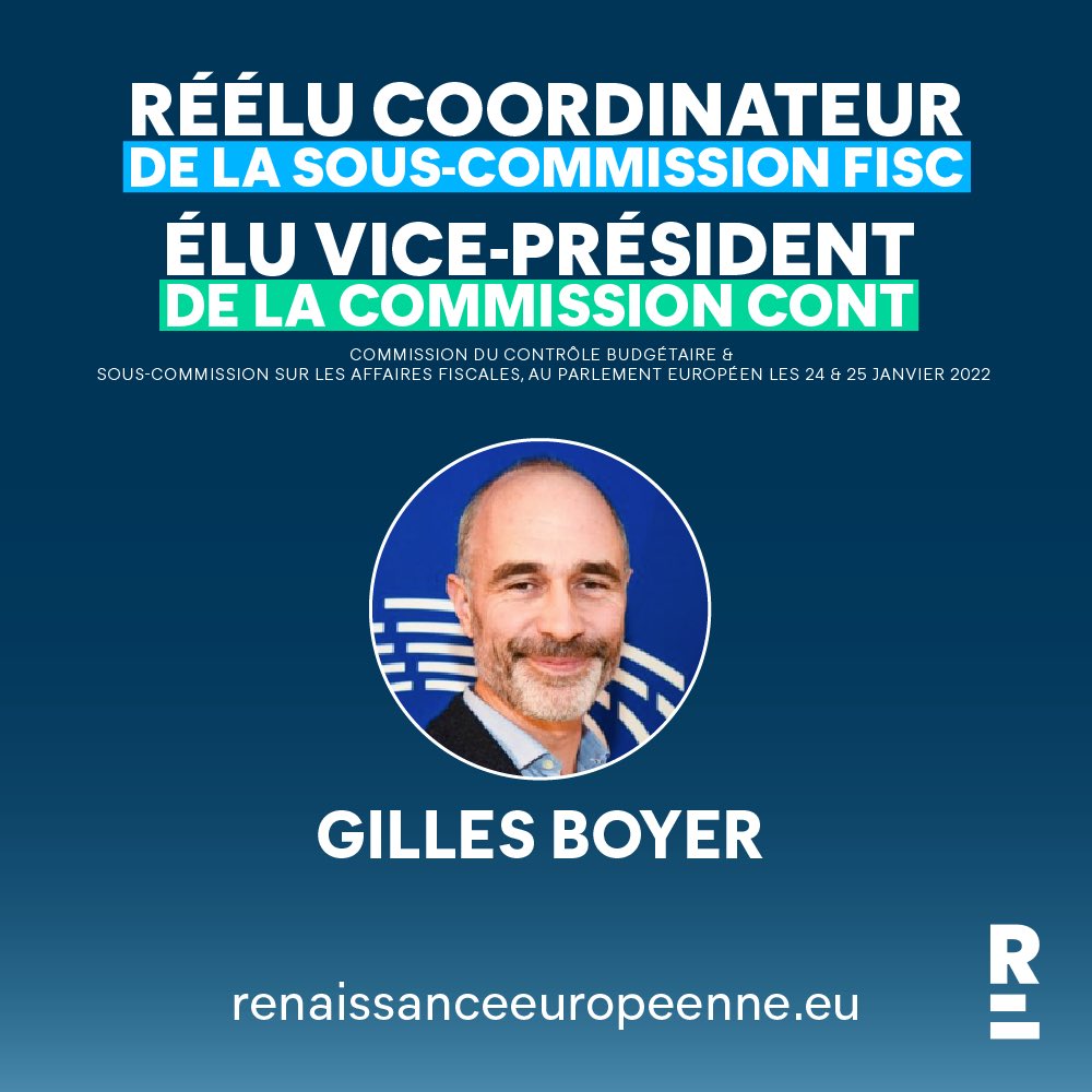 Félicitations à <a href="/GillesBoyer/">Gilles Boyer</a>, élu Vice-président de la Commission <a href="/EP_BudgControl/">CONT Committee Press</a> et réélu Coordinateur <a href="/RenewEurope/">Renew Europe</a> en Commission <a href="/EP_Taxation/">FISC Committee Press</a> !