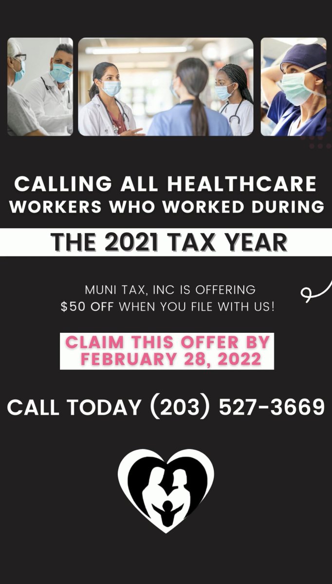 Muniinsurance's tweet photo. Calling all #Healthcare workers who worked during the 2021 Tax Year #munitax #taxseason #filewithexperts https://t.co/Mdvr29L0nS