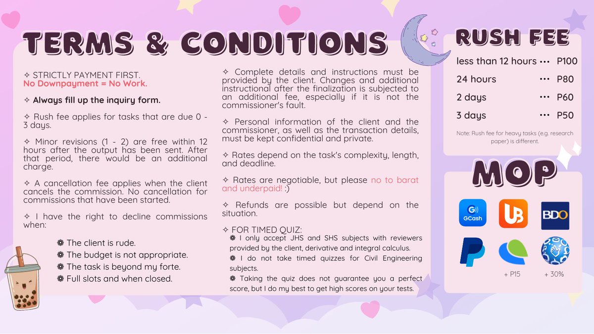 leyaacadcomms's tweet photo. ｡･:*˚:✧｡ welcome! ｡✧:*˚:･｡

hello, #commstwt! i'm leya, your acad helper! ♡

i am offering academic assistance. to know more, check out my commission sheet below. please use the inquiry form for inquiries! >ヮ<

꒰also check this thread for samples and feedback꒱ https://t.co/osc2Yx6LQS