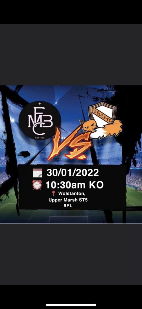 🚨NEXT UP🚨

This Sunday we play <a href="/FcMaybank/">FC Maybank</a> in the quarter final of the div 5 cup, get yourselves down and support the lads for what should be a good contest.

🆚 <a href="/FcMaybank/">FC Maybank</a> 
⏰ 10:30am KO 
🗓 30/01/2022
📍 Wolstanton, Upper Marsh, ST5 9PL