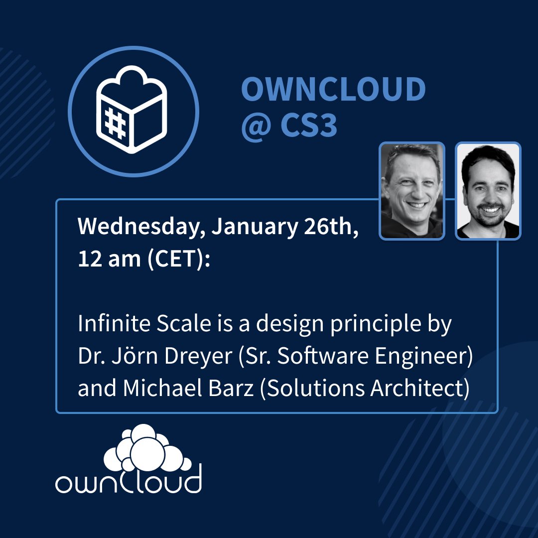 ownCloud's tweet photo. Don't miss today's talk by @butonic and Michael Barz about the design principle of ownCloud Infinite Scale and the spaces feature. Tune in at 12 am (CET) today! You can find more information at https://t.co/K6WgIDQXvU https://t.co/fTdYO4gXmZ