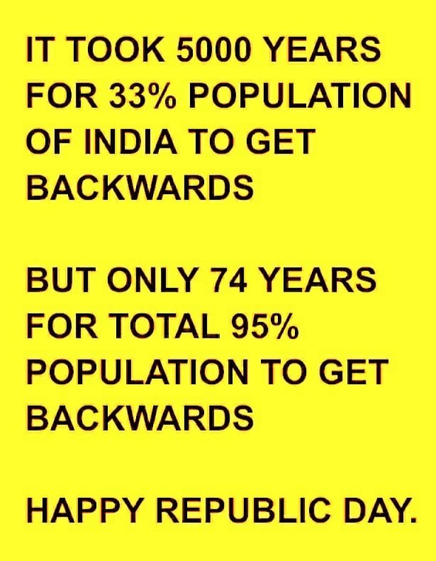 Disheartened to see my India regressing from developing to backward Nation <a href="/PMOIndia/">PMO India</a>
Our leaders who got us freedom may be crying in grave to see overall backwardness growing from 33% to 95% &amp; #Caste based #Reservation adding every year.
Happy #RepublicDayIndia #RepublicDay2022