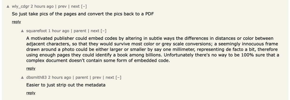 of course there's smarter watermarking, the metadata is notable because you could scan billions of pdfs fast. this comment on HN got me thinking about this PDF /OpenAction I couldn't make sense of earlier, on open, access metadata, so something with sizes and layout...