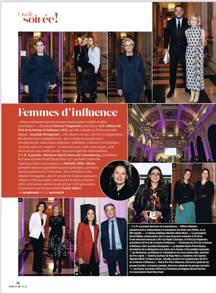 FemmesInfluence's tweet photo. [#OnParleDeNous]
Aujourd'hui en kiosque, une double page sur la cérémonie du Prix 2021 dans @PointDeVueMag!
Un grand merci pour cette belle couverture qui met en lumière nos lauréates @LeaMoukanas, @CZacharopoulou, @cguillou_retail , @DjailiAmal, @LindaKebbab et @anne_soupa ! https://t.co/nyM7ID9kmu