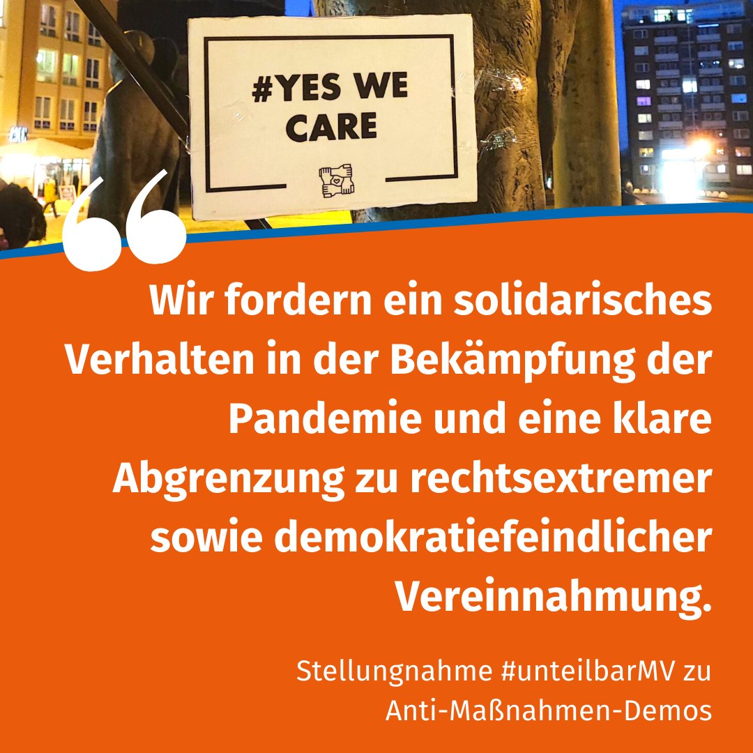 Wir haben eine Stellungnahme verfasst und rufen zum solidarischen Miteinander in der Corona-Pandemie auf!
Wir stellen uns klar gegen jede Aktion, die demokratiefeindliche Inhalte verbreitet und rechtes Gedankengut eine Bühne bietet 
➡️ unteilbar-mv.org/pressebereich