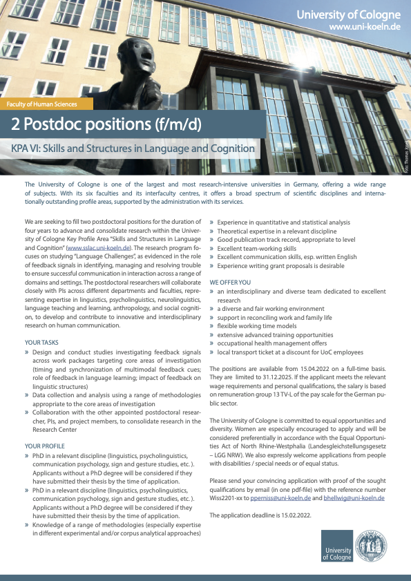 Cologne Center of Language Sciences (CCLS) (@ccls_unicologne) on Twitter photo Job notification ๐ผ๐: 2 postdoc positions for 4 years to be filled at <a href="/UniCologne/">Universitรคt zu Kรถln</a> in SSLAC, studying ๐ฟ๐๐๐๐ข๐๐๐ ๐ถโ๐๐๐๐๐๐๐๐ in human communication. Find detailed job offer (EN/DE): bit.ly/3rUE3VU & ๐ขfeel free to share Job notification ๐ผ๐: 2 postdoc positions for 4 years to be filled at <a href="/UniCologne/">Universitรคt zu Kรถln</a> in SSLAC, studying ๐ฟ๐๐๐๐ข๐๐๐ ๐ถโ๐๐๐๐๐๐๐๐ in human communication. Find detailed job offer (EN/DE): bit.ly/3rUE3VU & ๐ขfeel free to share