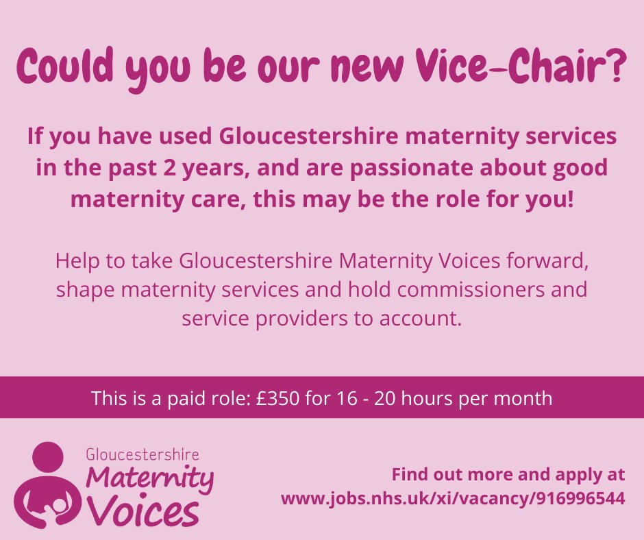 Could you be the new Vice-Chair for Gloucestershire Maternity Voices? Find out more and apply at jobs.nhs.uk/xi/vacancy/916… @sagefemme2000 @kaydavis2302 @mortimoreglos @dawn_morrall @suz_cro @mamabrownting please share! #glosmaternity #betterbirths #maternityvoices