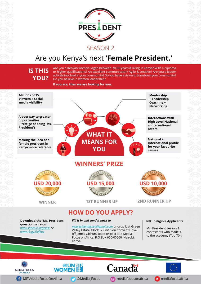 unwomenkenya's tweet photo. Are you Kenya’s next ‘Female President’?
APPLY HERE:
https://t.co/AQZ84bgnRt or https://t.co/HAy6CGmkag
#mspresident #mspresident2launch #shecanlead https://t.co/ulVm6XnjmF