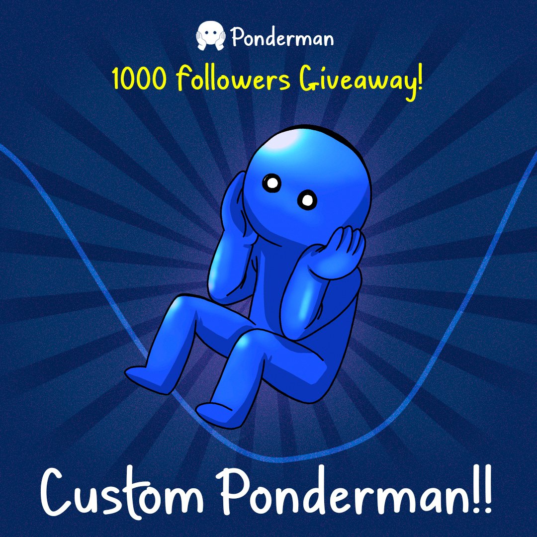 ALHAMDULILLAH, ALHAMDULILLAH!! 

Finally Ponderman have reach 1000 followers!
It's time for a giveaway! 

CUSTOM PONDERMAN!

1.Follow <a href="/Ponderman_NFT/">Pondy (Lami)</a> 
2.RT and like this post!
3. Comment what would your story be as Ponderman or Pondergirl?

Winner will be pick on Khamis, 9pm.