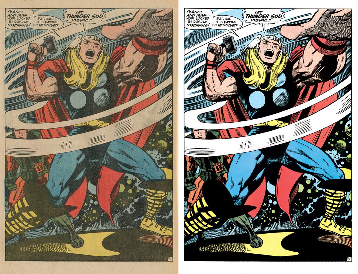 The Mighty Thor! Digitally restored version of this terrific page from THOR 161 (#MarvelComics February 1969). Art by #JackKirby and Vince Colletta. Page from the printed comic on the left, with my restoration at right - no recolouring, this is just cleaned up in Photoshop. https://t.co/7a92AYuNqu