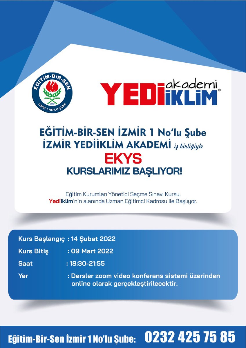 MEB 2022 EKYS HAZIRLIK KURSUMUZ BAŞLIYOR

EBS Akademi sistemimize ilaveten Yediiklim Akademi ile yaptığımız anlaşma neticesinde EKYS hazırlık kursumuzu 14 Şubat 2022 Pazartesi günü başlatıyoruz.

Detaylı Bilgi:
facebook.com/ebsizmir1/post…

Katılım formu:
docs.google.com/forms/d/e/1FAI…