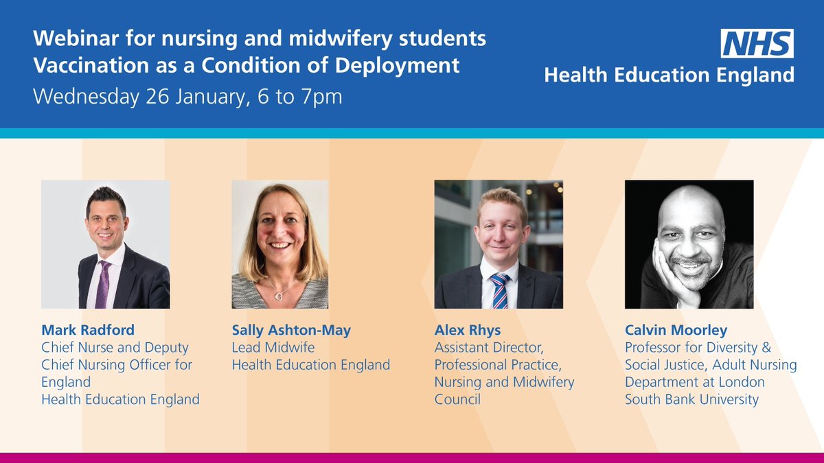 NHS England Workforce, Training and Education (@nhse_wte) on Twitter photo 📢Vaccination as a condition of deployment webinar for nursing & midwifery students tonight
Wed 26 Jan - 6 to 7pm
Featuring <a href="/MRadford_HEECN/">Prof Mark Radford CBE PhD RN</a>, <a href="/sallyashtonmay/">Sally Ashton -May</a>, <a href="/DrAlexRhys/">Alexander Rhys</a>, @CalvinMoorley, <a href="/jonathanleach13/">Dr Jonathan Leach</a> & students
Join using this link - please share
orlo.uk/manvO 📢Vaccination as a condition of deployment webinar for nursing & midwifery students tonight
Wed 26 Jan - 6 to 7pm
Featuring <a href="/MRadford_HEECN/">Prof Mark Radford CBE PhD RN</a>, <a href="/sallyashtonmay/">Sally Ashton -May</a>, <a href="/DrAlexRhys/">Alexander Rhys</a>, @CalvinMoorley, <a href="/jonathanleach13/">Dr Jonathan Leach</a> & students
Join using this link - please share
orlo.uk/manvO