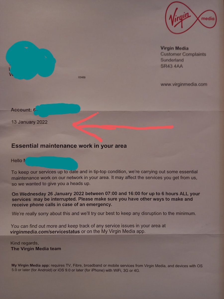 INCREDIBLE <a href="/virginmedia/">Virgin Media ❤️</a> !! Letter received YESTERDAY - dated 13 Jan - stating we will have NO INTERNET from 7am-6pm TODAY. Less than 12hrs notice. TOTALLY UNACCEPTABLE. self-employed, freelancer, WFH. #virginmedia #howdareyou #appallingservice