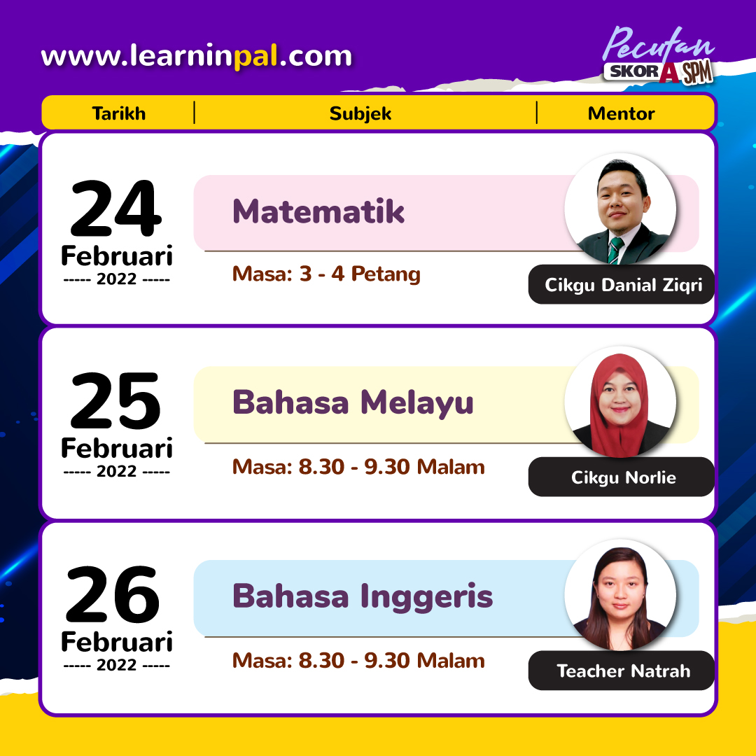 learninpal's tweet photo. JADUAL KELAS REVISI LAST MINUTE #SPM is finally here! We have lined-up experienced teachers to conduct last-minute SPM #revision classes for YOU!

Head over to https://t.co/DRKMPUOXgp > myMentor > Select PECUTAN SKOR A 1 or 2 > Book your class. 

WhatsApp us at 017-735 5947 NOW! https://t.co/NvhP5jmV90
