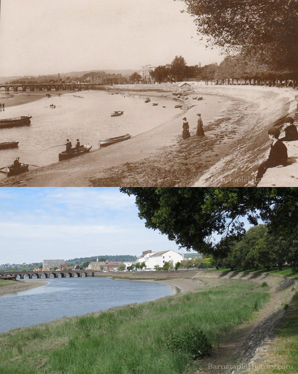barumhistory's tweet photo. Postcard used in 1915, a view from Barnstaple’s Rock Park looking towards the town, the historic Long Bridge in the distance - and the exact same view today https://t.co/Arc9eNXyYS https://t.co/R1t7MdEYWu