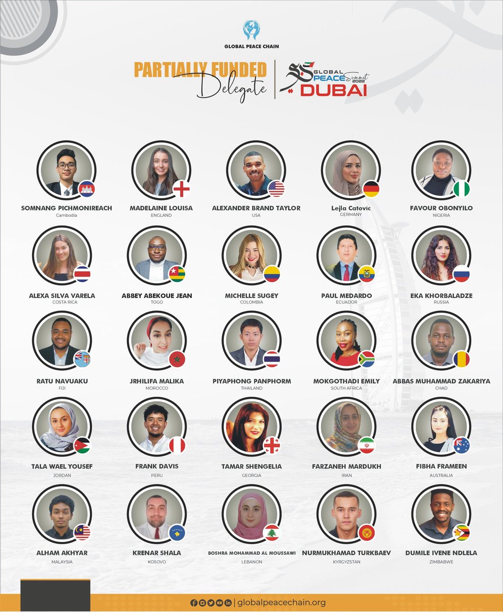Presenting the partially Funded Delegates for Global Peace Summit Dubai 🇦🇪.

Global Peace Chain congratulates you all on securing place in funded category out of numerous applications across the globe.

#GlobalPeaceSummit 
#GlobalPeaceSummit_Dubai
#GlobalPeaceChain