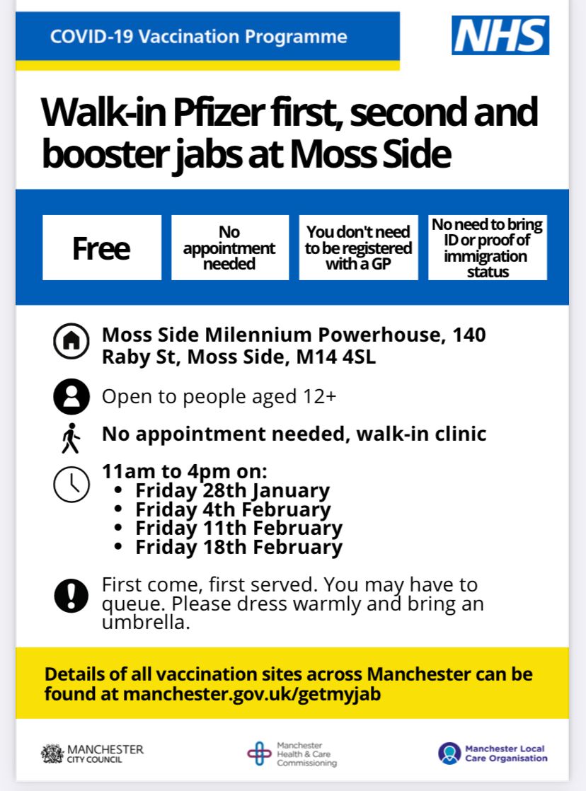 First, second &amp; booster jabs for anyone 12+ at walk-in #COVID19 vaccination clinics at Pakistani Community Centre, #Longsight and #MossSide Powerhouse through January and February.

It's never too late to protect yourself, friends &amp; family