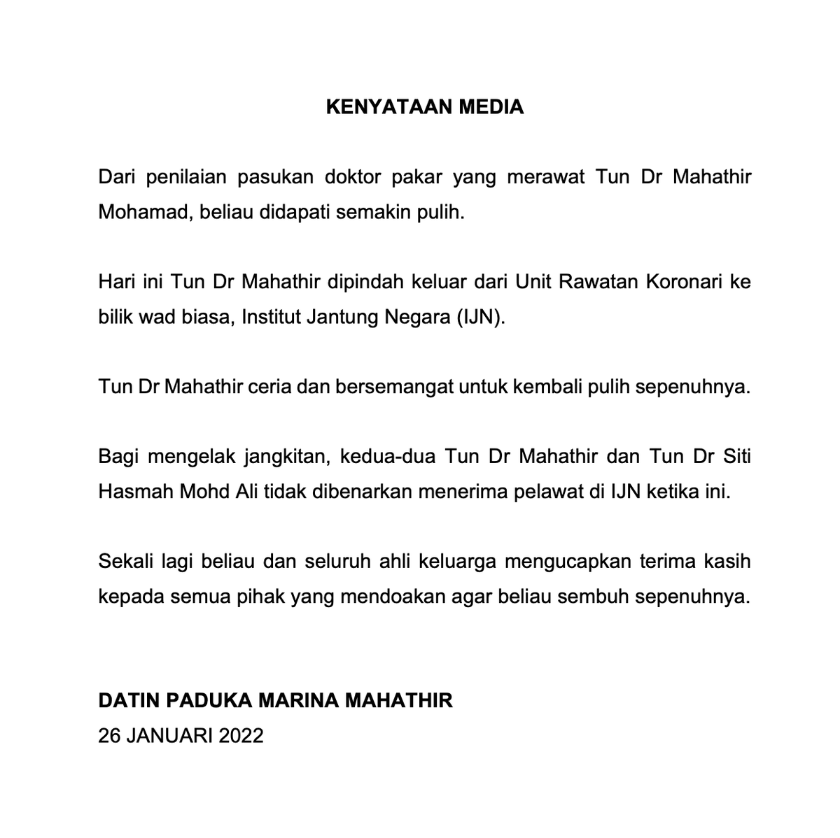 chedetofficial's tweet photo. Kenyataan Media, Rabu, 26 Januari 2022.

Terima kasih kepada semua pihak yang mendoakan. https://t.co/nLogNAaEBX