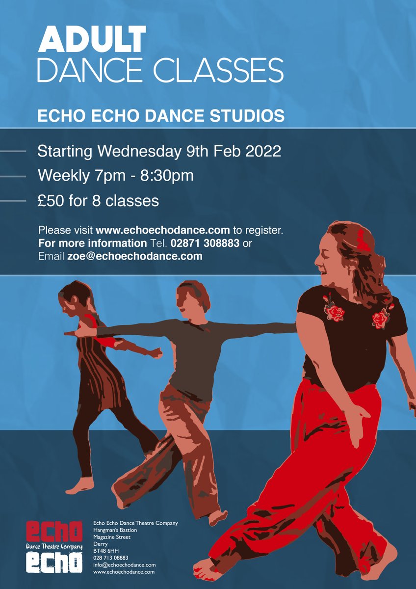 EchoEchoDance's tweet photo. After nearly two years we are very pleased to announce the return of Adult Dance Classes at Echo Echo Studios! All experience levels are welcome to attend #letsdance #danceclass #movementclass #dancingtogether #derry #echoechodance #echoechostudios https://t.co/TvHkfOxXGC