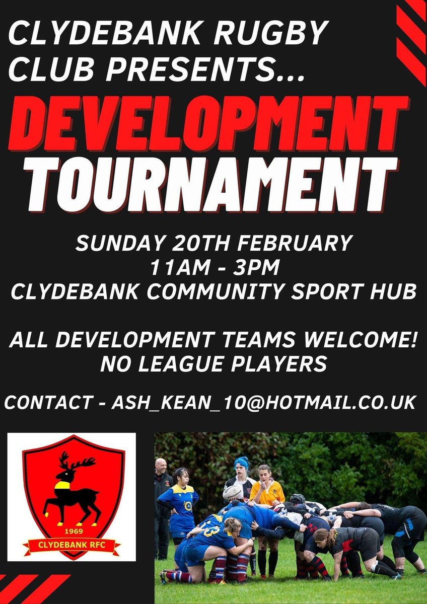 <a href="/ClydebankLRFC/">Clydebank Ladies Rugby Football Club</a> are looking for development teams to take part in a Development Tournament.

All shares are greatly appreciated <a href="/WeegieRugby/">Weegie-Rugby</a> <a href="/RugbySco/">#rugbyscotland 🏉🏴󠁧󠁢󠁳󠁣󠁴󠁿</a> 

Please fellow the link 

facebook.com/10389281122899…