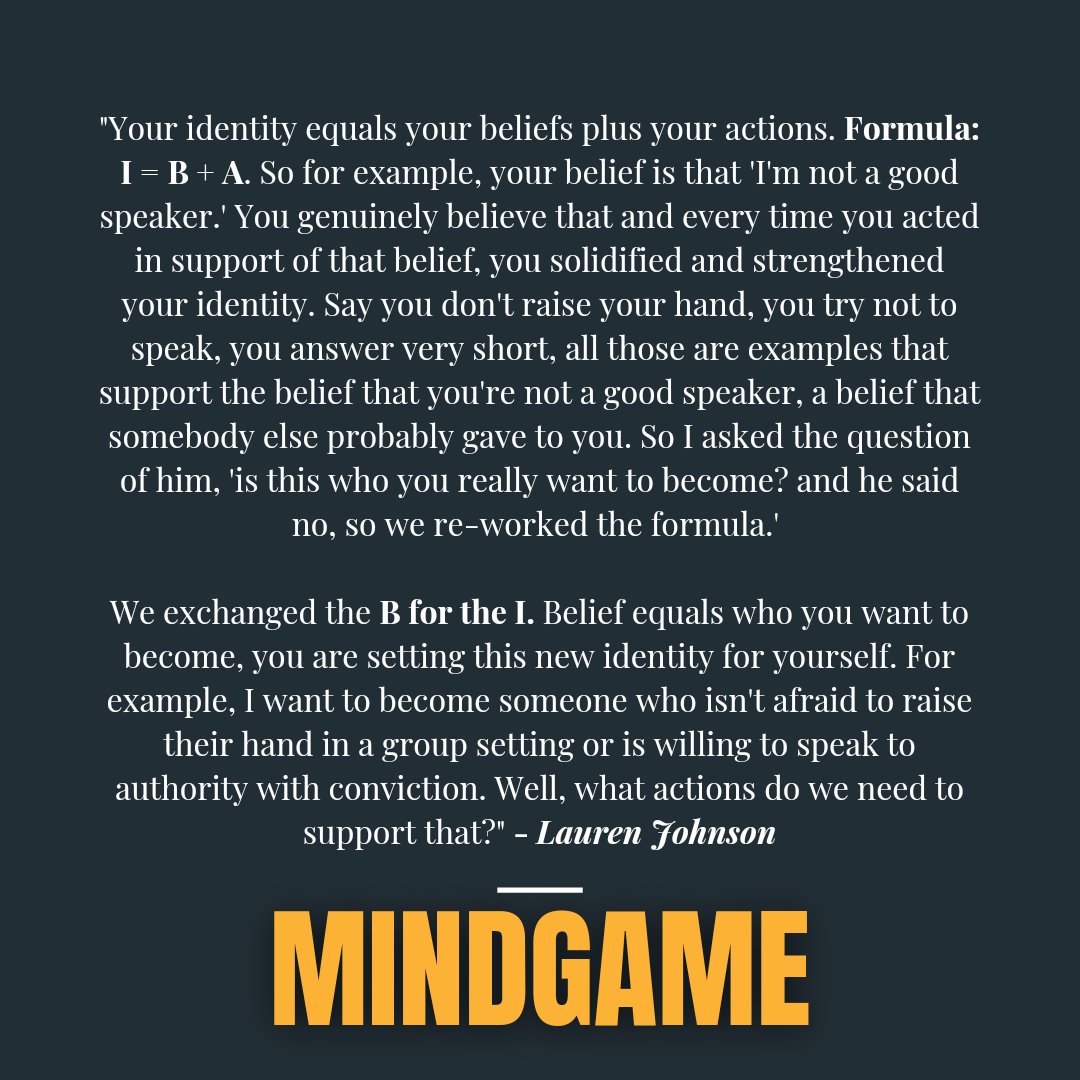In the latest episode of Mindgame, <a href="/_laurenjohnson_/">Lauren Johnson</a> took a deep dive into how our beliefs form our identity.

Ingrained in what we do consistently, every action we take is a vote in support of that belief. 

open.spotify.com/episode/4qlctD…