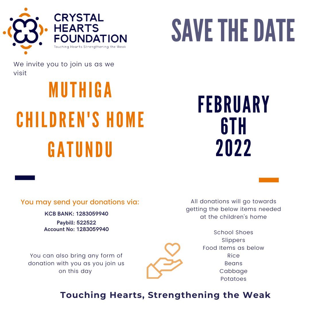 Crystal Hearts Foundation invites you to join us on 6th February 2022 as we visit Muthiga Children's Home, Gatundu. Come and share the little that you have as we start off the month of love. 
For donations: tinypesa.com/crystalheartsf…
😊Don't miss out.