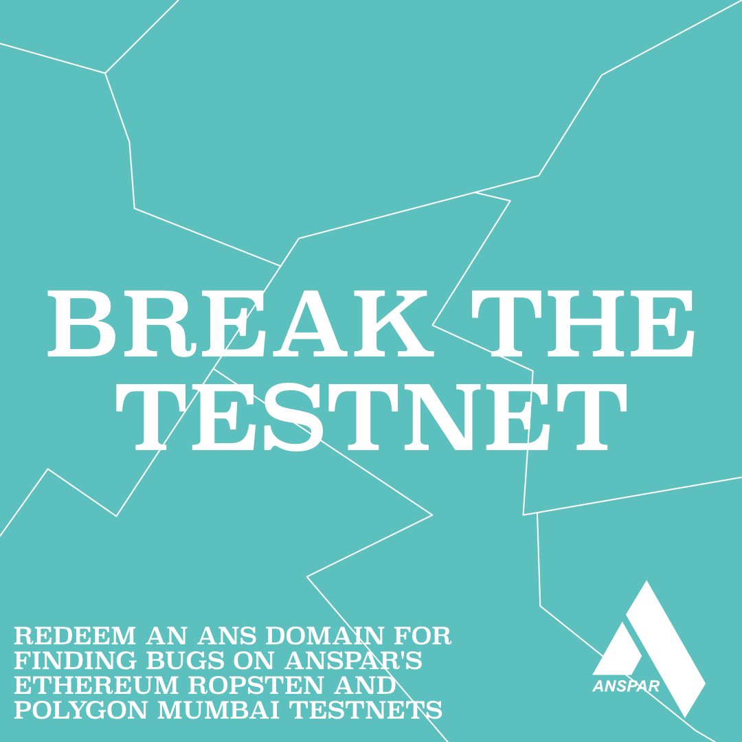 BREAK THE TESTNET ⚒️

Earn an ANS Domain for finding BUGS on our testnets!👀

Join us on Discord, where you can report the bugs: discord.gg/ENQfPEcrZJ

Our testnets are: 
1. ropsten.anspar.io
2. mumbai.anspar.io

#Anspar #IamAnsparian #NFTs #NFTmarketplace