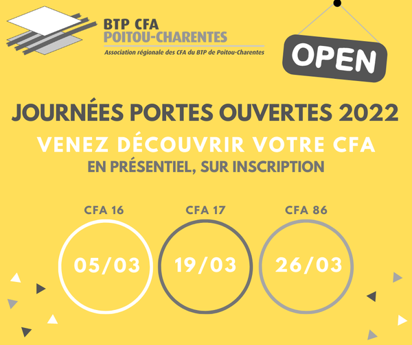 [SAVE THE DATE]📅
Nos 3 CFA vous ouvrent leurs portes en présentiel et sur inscription😉
-BTP CFA 16 : le samedi 5 mars 
-BTP CFA 17 : le samedi 19 mars 
-BTP CFA 86 : le samedi 26 mars 
👉 Ouverture des inscriptions prochainement. #RestezConnecté👈
#btp #btpcfa #apprentissage