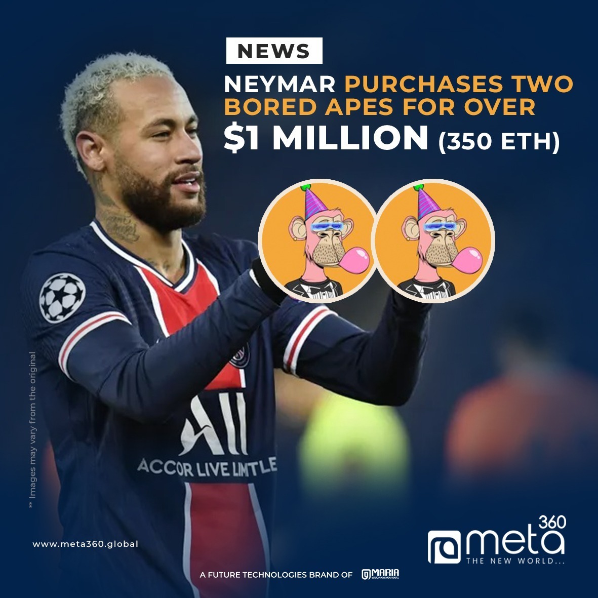 Meta360global's tweet photo. Brazilian Soccer Star Neymar Jr. Bought A Bored Ape Yacht Club NFT
#CryptoGaming #cryptocurrency #CryptocurrencyNews 
#cryptotwitter #NFT #NFTartist https://t.co/6yyqE1MY1S