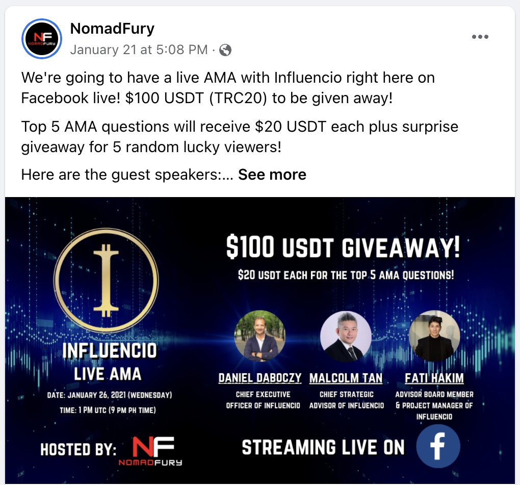 InfluencioCoin's tweet photo. Live AMA with @CryptoInsanity  started. Streaming link on FB here: https://t.co/5aXY7NORs4 https://t.co/3nZrp7gJr4