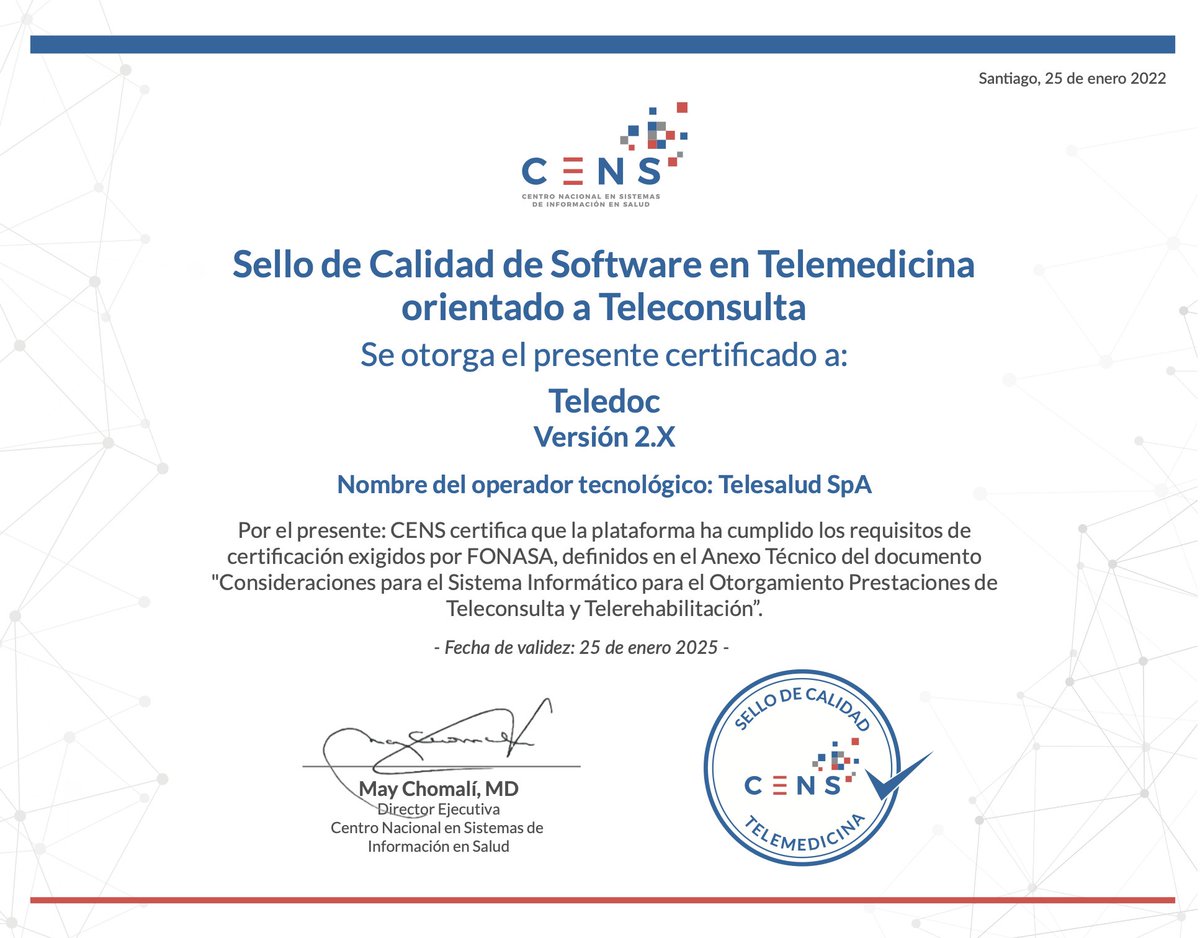 Orgullosos de haber obtenido este importante reconocimiento “Sello de Calidad de Software en Telemedicina”
Sin duda es un gran logro para TeleDoc.cl, por esto es que queremos destacar la labor que realiza cada uno de los integrantes de este equipo.