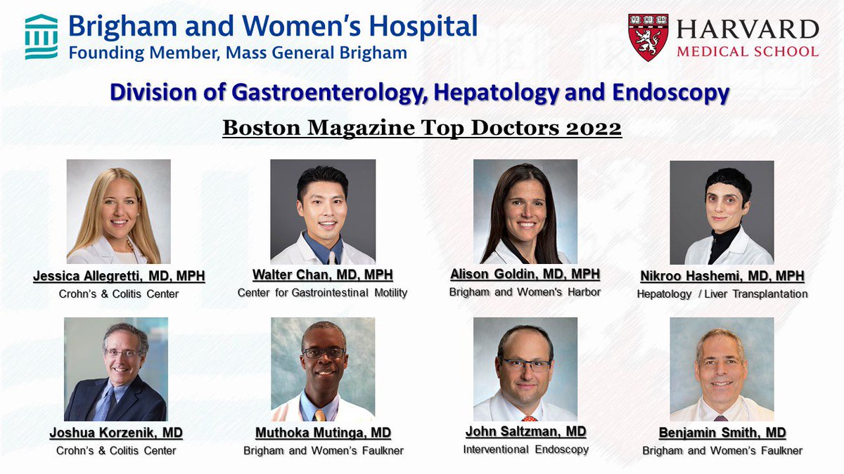 Brigham and Women's GI (@brighamgi) on Twitter photo Congrats to our faculty named 2022 Top Doctors by <a href="/BostonMagazine/">Boston Magazine</a>! #TopDocs
🌟<a href="/DrJessicaA/">Jessica R Allegretti</a> #BWHIBD
🌟<a href="/WalterChanMD/">Walter Chan, MD, MPH</a> #BWHMotility
🌟<a href="/AlisonGoldinMD/">Alison Goldin MD MPH</a>
🌟Nikroo Hashemi MD #BWHLiver
🌟Joshua Korzenik MD #BWHIBD
🌟Muthoka Mutinga MD
🌟John Saltzman MD #BWHEndoscopy
🌟Benjamin Smith MD Congrats to our faculty named 2022 Top Doctors by <a href="/BostonMagazine/">Boston Magazine</a>! #TopDocs
🌟<a href="/DrJessicaA/">Jessica R Allegretti</a> #BWHIBD
🌟<a href="/WalterChanMD/">Walter Chan, MD, MPH</a> #BWHMotility
🌟<a href="/AlisonGoldinMD/">Alison Goldin MD MPH</a>
🌟Nikroo Hashemi MD #BWHLiver
🌟Joshua Korzenik MD #BWHIBD
🌟Muthoka Mutinga MD
🌟John Saltzman MD #BWHEndoscopy
🌟Benjamin Smith MD