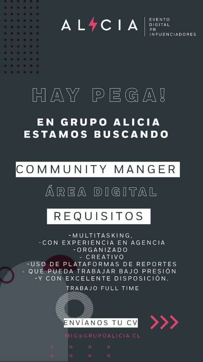 COMMUNITY MANAGER
Oferta Laboral
Solo comparto por ayudar.
comparta #haypega