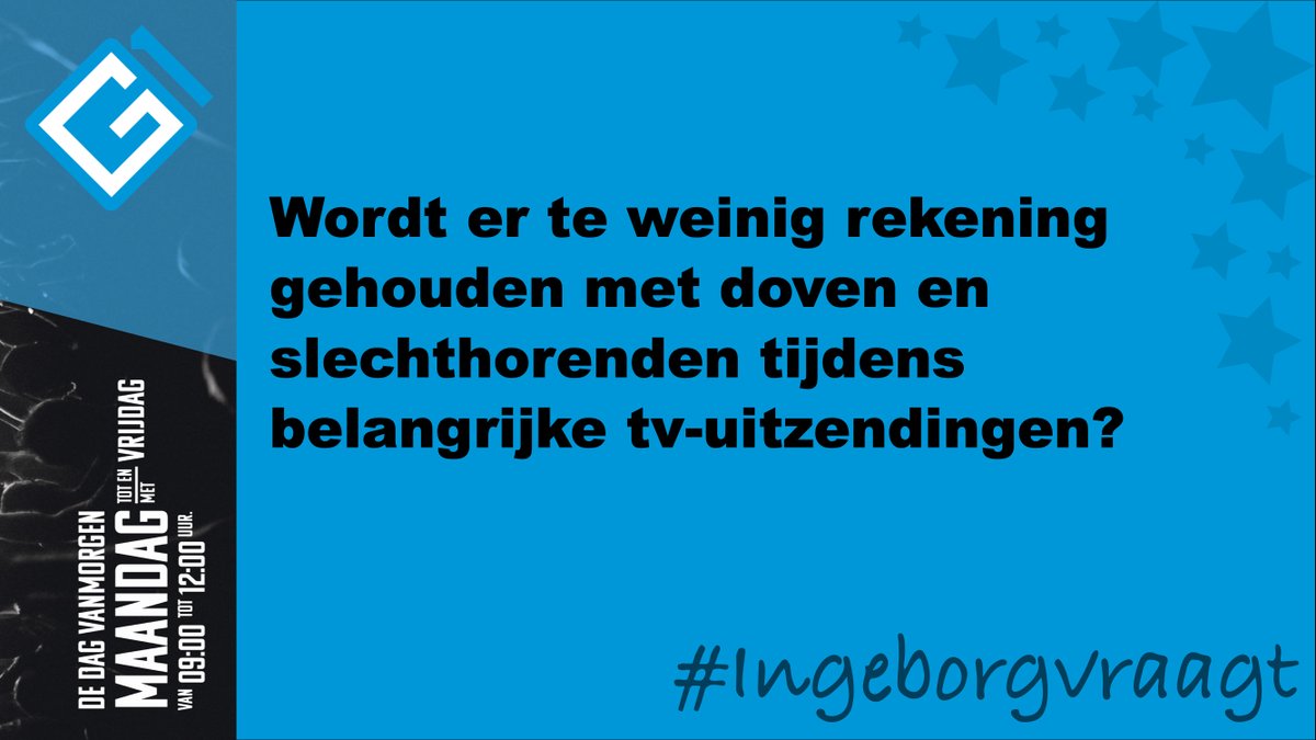 Ingeborgvraagt's tweet photo. Wordt er te weinig rekening gehouden met doven en slechthorenden tijdens belangrijke tv-uitzendingen? #IngeborgVraagt 

Deze vraag wordt Woensdag 2 Februari om +/- 11:45 besproken op radio @Groningen1R.

@bolsenbroek
@TedoSwarts https://t.co/8GKvPVMwxk