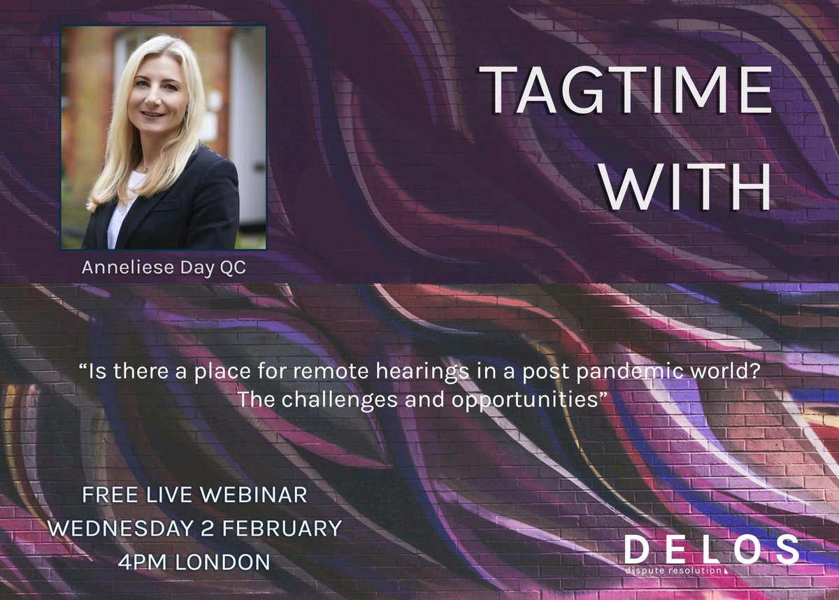 We are pleased to support Season 5 of Delos Dispute Resolution #webinar series 'TagTime'!

The season five kick-off will take place on February 2, 2022 at 4 pm London and will feature Anneliese Day QC (<a href="/FC_Chambers/">Fountain Court</a>).

Register: delosdr.org/index.php/tagt…

#ArbitrationEvents