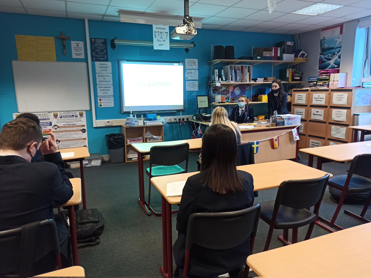 MissShawGeo's tweet photo. Well done to our @StAndrewSocial Ambassadors for speaking to our S3 pupils about Option Choices for next year. Jenna and Kennedy answered some great questions from our S3 Geographers. 🌍 @StAndrewsS6Cla1 https://t.co/QZ6vCpRduV