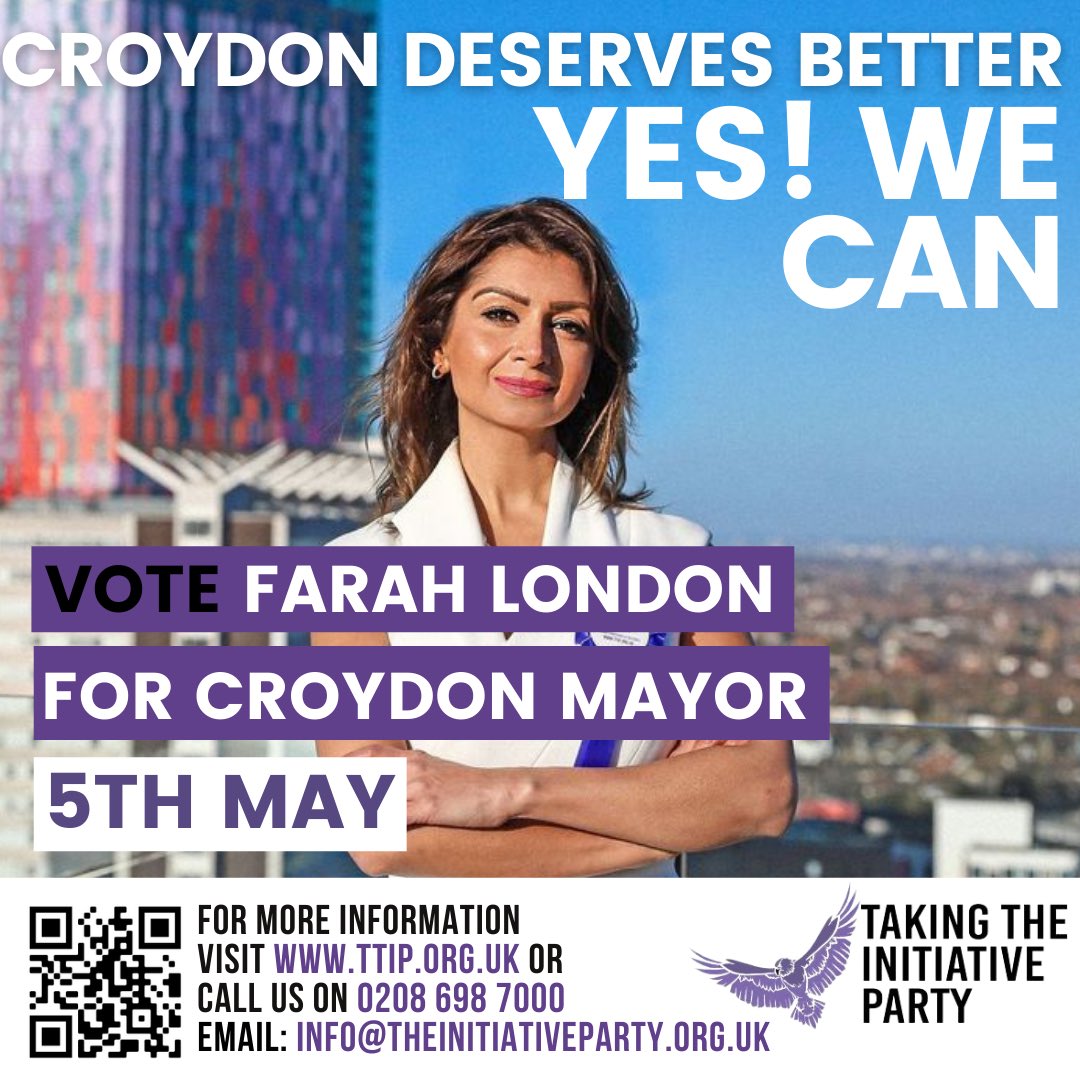 Introducing our candidate for Croydon’s first mayor! <a href="/MsFarahLondon/">Ms Farah London DStG</a>. She wants to make Croydon a main business hub for a thriving economy. She is also passionate about youth empowerment and creating safer streets within the borough. For my info ttip.org.uk